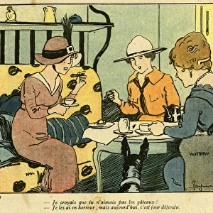 Cartoon, French women having tea and cake, WW1