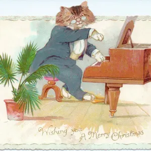 Circa 1890s Christmas Card Print: Cat Playing Piano Circa 1890s Christmas Card Print: Cat Playing Piano