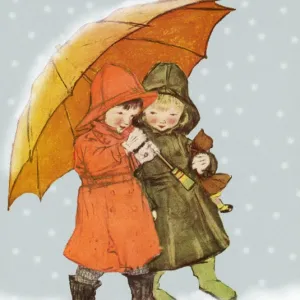 Two children with umbrella in snow