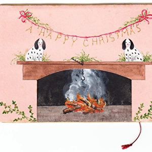 Christmas card with dogs and fireplace
