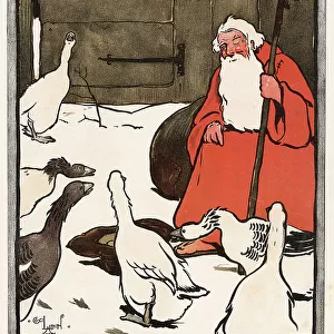 Christmas is coming, the geese are getting fat. Please put a penny in the old man's hat. An illustration of Father Christmas keeping his eye on the curious geese. Date: 1900