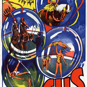 Circus poster with clown and acrobats