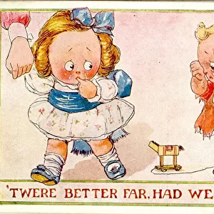 Comic postcard, Girl and boy falling out over broken toy Date: 20th century