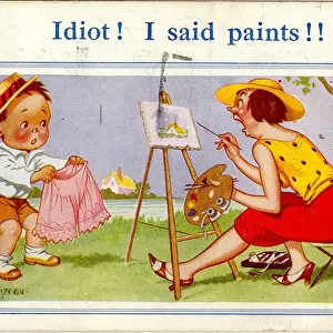 Comic postcard, Little boy and woman artist