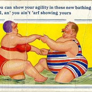 Comic postcard, Plump couple dancing in the sea Date: 20th century