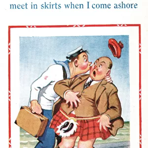 Comic postcard, Sailor and Scotsman, WW2 - kissing the first thing he meets in skirts