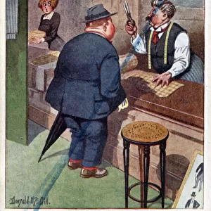 Comic postcard, Scene in a tailors shop Date: circa 1918