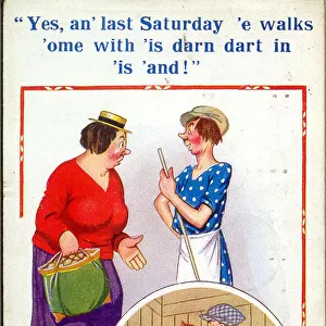 Comic postcard, Woman complains about husband Date: 20th century