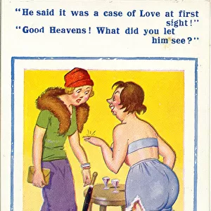 Comic postcard, Two women discuss romantic encounter Date: 20th century