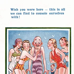 Comic postcard, Four young women and an old man on the beach Date: 20th century