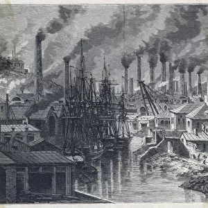 Copper works in Cornwall, with smoking chimneys