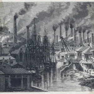 Copper works in Cornwall, with smoking chimneys