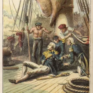Print of Admiral Nelson mortally wounded at the Battle of Trafalgar