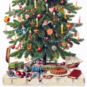 Decorated Christmas tree with toys and food below