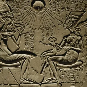 Egyptian art. Relief depicting Akhenaten, Nefertiti and thre