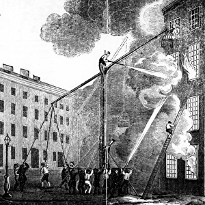 Engraving of firefighters in action at a burning building