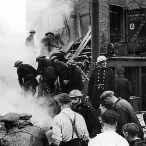 Firefighters in action, Rosebery Avenue, WW2