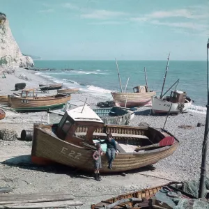 Fishing boats on the shingle beach at Beer, East Devon