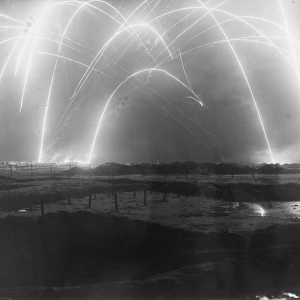 Flares in the night sky over a battlefield, WW1