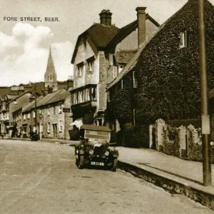 Fore Street, Beer, Devon Print with Vintage Bullnose Morris Car