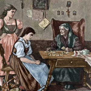 At fortune tellers house. Engraving. Colored