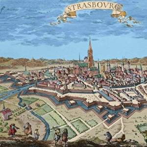 France. Strasbourg. Engraving. 17th century. Colored