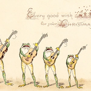 Four frogs playing guitars on a Christmas card