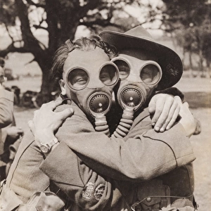 Gas drill in Australia, two people in gas masks, WW1