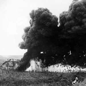 German flame throwers in action against British tank, WW1