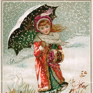 Girl with umbrella in the snow on a New Year card