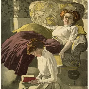 Two girls reading books, one sprawled in an armchair, the other kneels on the floor