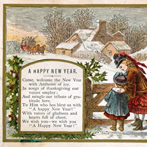Two girls in the snow on a New Year card