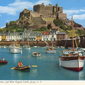 Gorey Harbour, and Mont Orgueil Castle, Jersey, Channel Islands. Date: 1960s