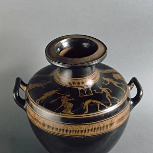 Greek Hydria depicting an auletris, two dancers playing
