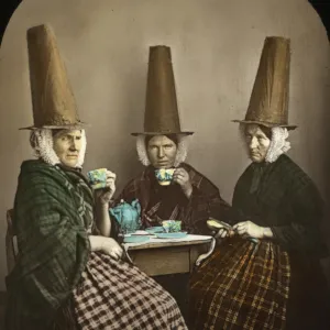 Group of three Welsh women in traditional costume