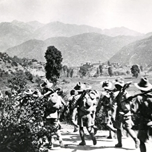 Gurkha troops marching to Dharmsala, Chitral relief, WW1