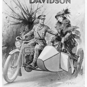 Harley Davidson 1915 Print: Soldier and Lady on Motorcycle Ride Harley Davidson 1915 Print: Soldier and Lady on Motorcycle Ride
