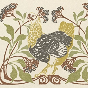 Hen in clump of leaves