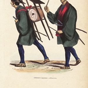 Japanese infantry musicians, one beating a drum (taiko)