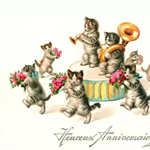 Kittens playing music on a French birthday postcard