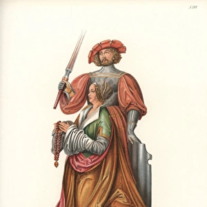 Kneeling woman with a knight in armor standing behind her