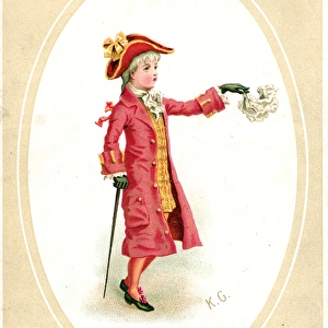 Little boy in historical costume on a greetings card