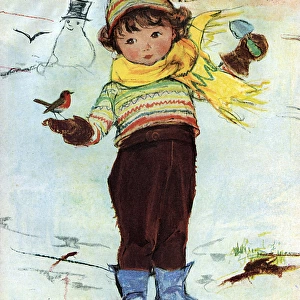 Little boy with robin and snowman by Muriel Dawson