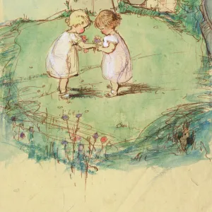 Two little girls in a garden by Muriel Dawson