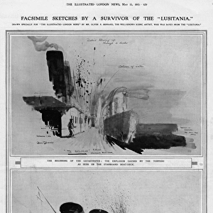 The Lusitania struck by a torpedo