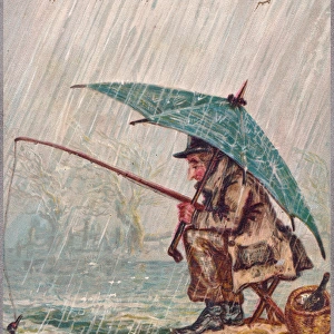 Man fishing on a comic Christmas card