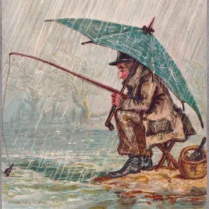 Man fishing on a comic Christmas card