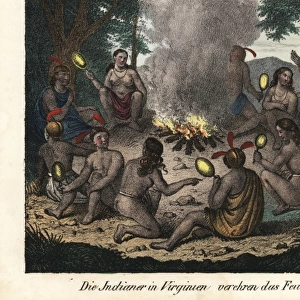 Native American men and women of Virginia worshipping fire