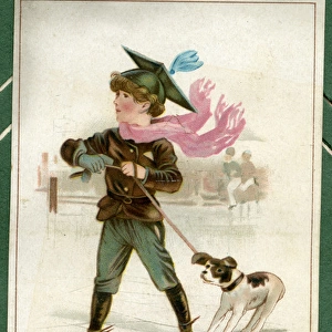 New Year card, boy on the ice with a dog