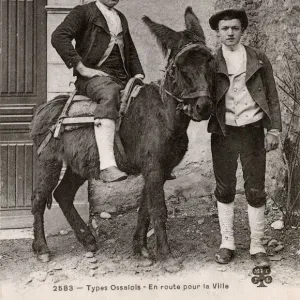 Ossalois Men, one riding on a donkey - Pyrenees, France